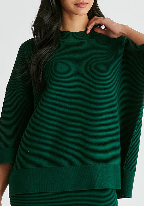 Mock Neck Cropped Sleeve Ribbed Jumper in Dark Green Closeup